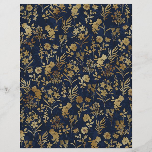 Elegant Gold Flowers Blue Botanical Custom Letterhead (Front)