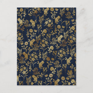 Elegant Gold Flowers Blue Botanical Holiday Postcard