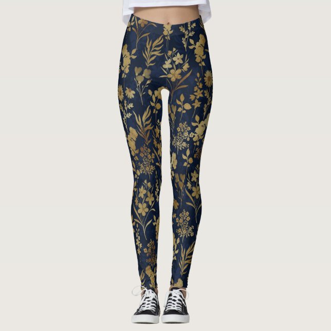 Elegant Gold Flowers Blue Botanical Leggings (Front)