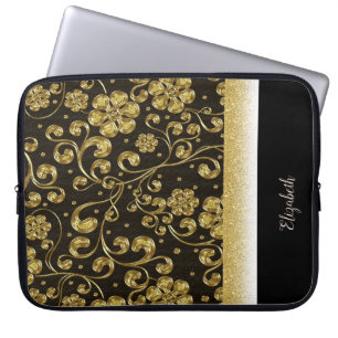 Elegant Gold Flowers,Glitter,Black-Personalised Laptop Sleeve