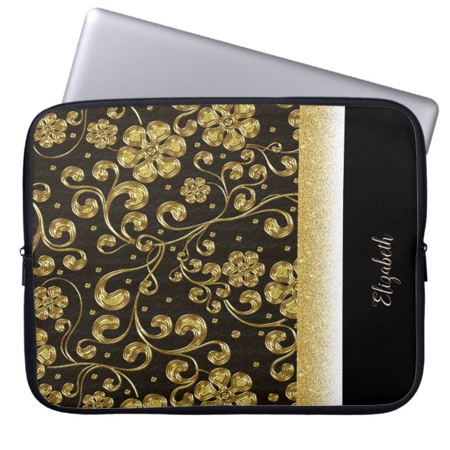 Elegant Gold Flowers,Glitter,Black-Personalised Laptop Sleeve (Front)