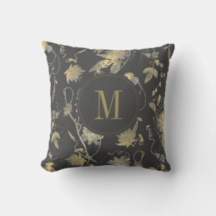 Elegant Gold Flowers Grey Floral Monogram Cushion