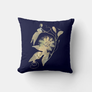 Elegant Gold Flowers on Navy Blue Floral Cushion