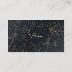 Elegant Gold Flowers outlines Blue gradient design Business Card
