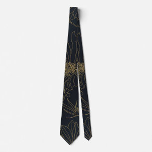 Elegant Gold Flowers outlines Blue gradient design Tie
