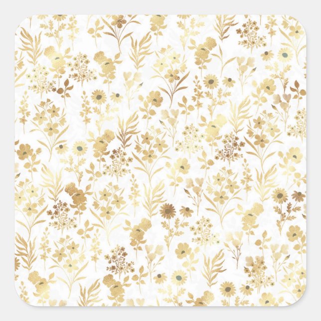 Elegant Gold Flowers White Botanical Square Sticker (Front)