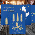 Elegant Gold Flying Dove Menorah Blue Hanukkah Holiday Card<br><div class="desc">A modern gold and blue Hannukah greeting card featuring a beautiful shimmering gold menorah with a flying dove on a rich dark blue background with wraparound graphics inside and on the back of the card. Wish your family and friends love,  lights and latkes with this elegant Hannukah holiday card.</div>