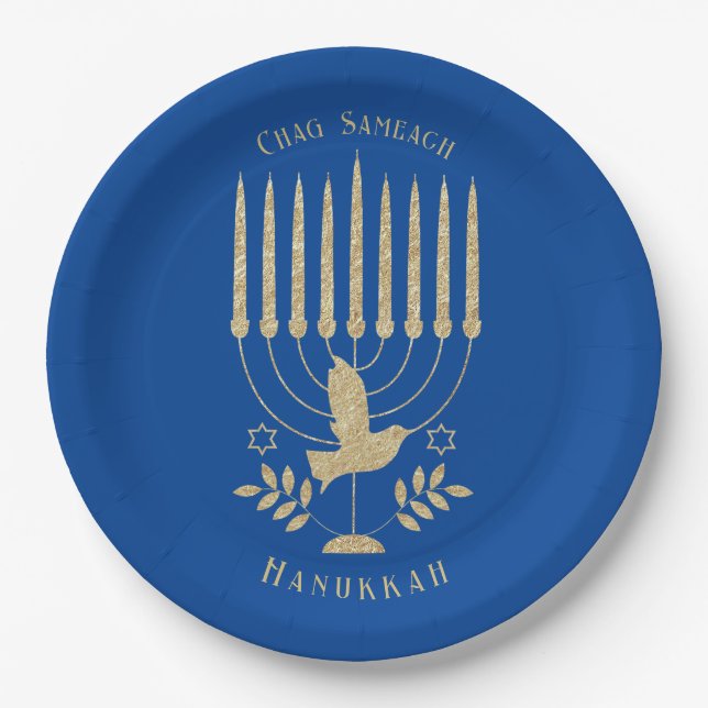 Elegant Gold Flying Dove Menorah Blue Hanukkah Paper Plate (Front)