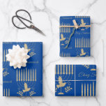 Elegant Gold Flying Dove Menorah Blue Hanukkah Wrapping Paper Sheet<br><div class="desc">A modern gold and blue Hanukkah gift wrapping paper featuring a beautiful shimmering gold menorah with a flying dove in a repeat pattern on a rich dark blue background.</div>