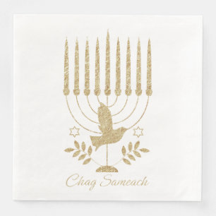 Elegant Gold Flying Dove Menorah Hanukkah Napkin