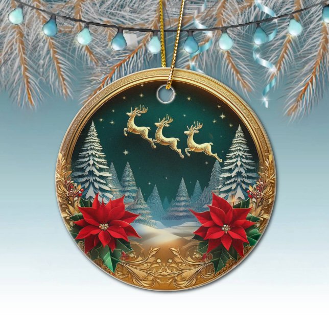 Elegant Gold Flying Reindeer, Poinsettias, Deer 🦌 Ceramic Tree Decoration (Golden Flying Reindeer, Deer Antlers, Trees, Moon, Snowy Night Winter Scene Ornament Front/Back 🦌🎄)