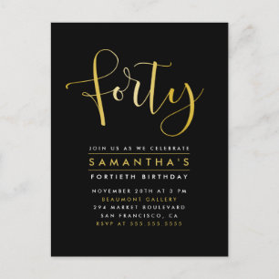 Elegant Gold Foil 40th Birthday Party Invitation Postcard
