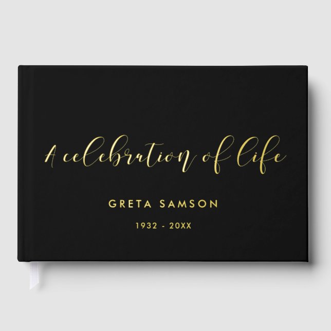 Elegant Gold Foil A celebration of life funeral Guest Book (Front)