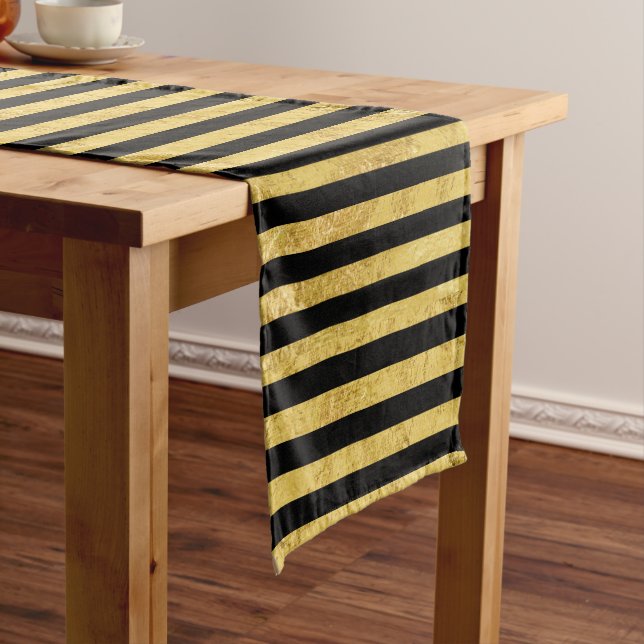 Elegant Gold Foil and Black Stripe Pattern Short Table Runner (In Situ)