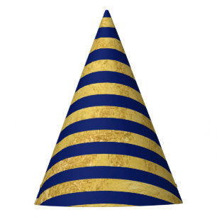 Elegant Gold Foil and Blue Stripe Pattern Party Hat