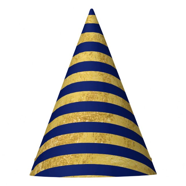 Elegant Gold Foil and Blue Stripe Pattern Party Hat (Front)