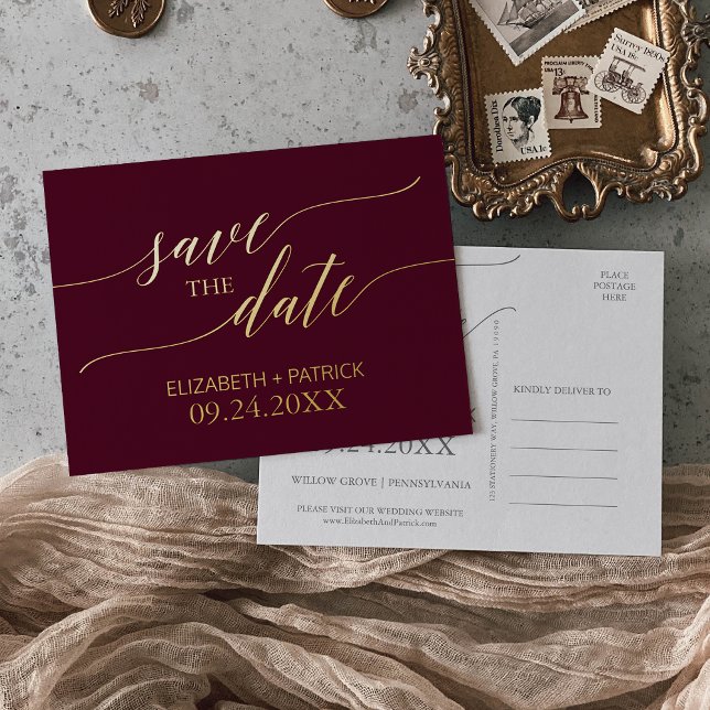 Elegant Gold Foil and Burgundy Save the Date Foil Invitation Postcard (Creator Uploaded)