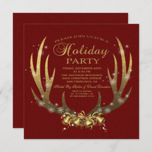 Elegant Gold Foil Antlers Holiday Party Invitation
