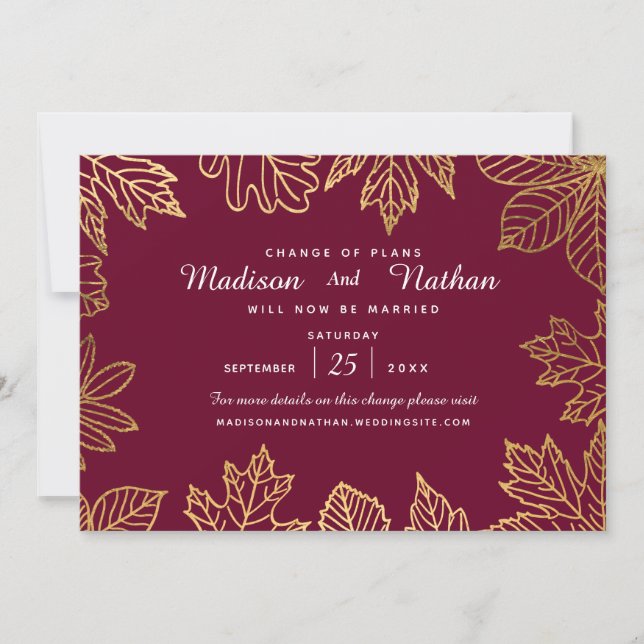 Elegant Gold Foil Autumn Leaves Change the Date Save The Date (Front)