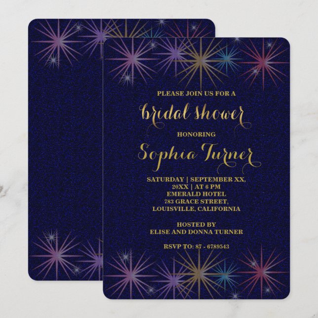Elegant Gold Foil Blue Glitter Bridal Shower Invitation (Front/Back)