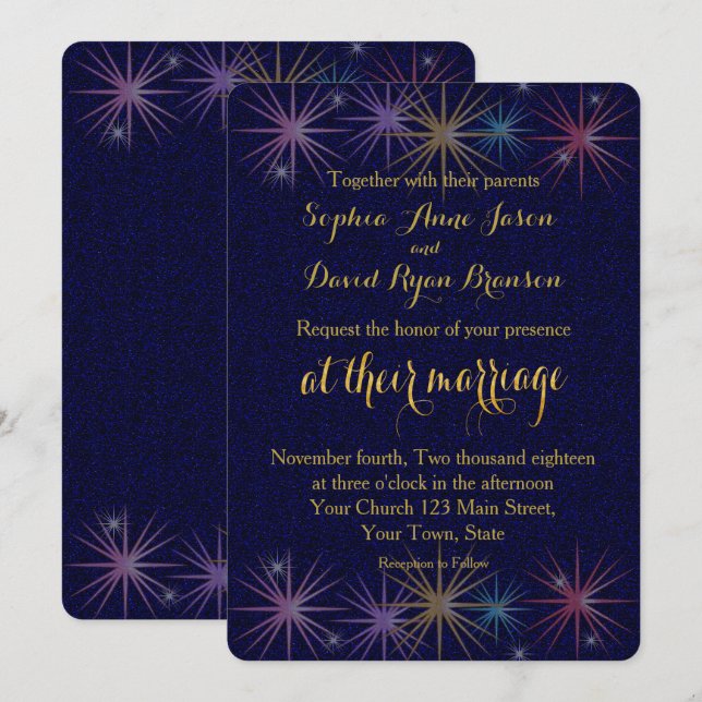 Elegant Gold Foil Blue Glitter Wedding Invitation (Front/Back)