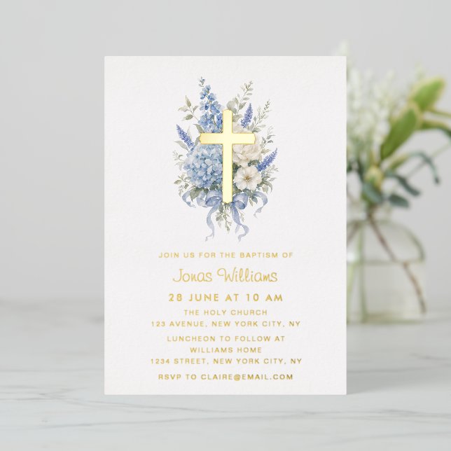 Elegant gold foil blue hydrangea baptism (Standing Front)