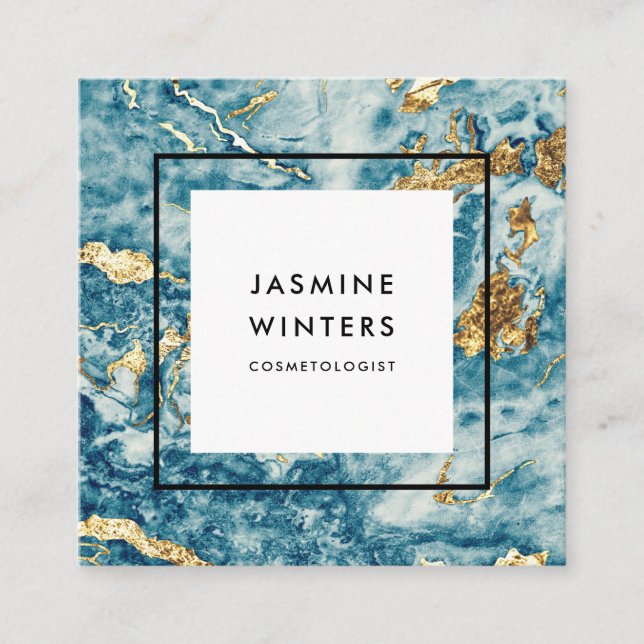 Elegant gold foil blue marble watercolor minimal square business card (Front)