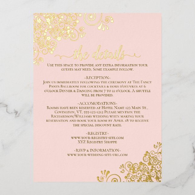 Elegant Gold Foil Blush Pink Wedding Details Card (Front)
