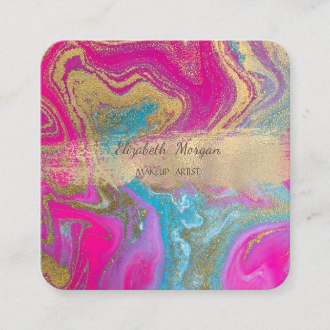 Elegant Gold Foil Brush Stroke,Colourful Marble Square Business Card (Front)