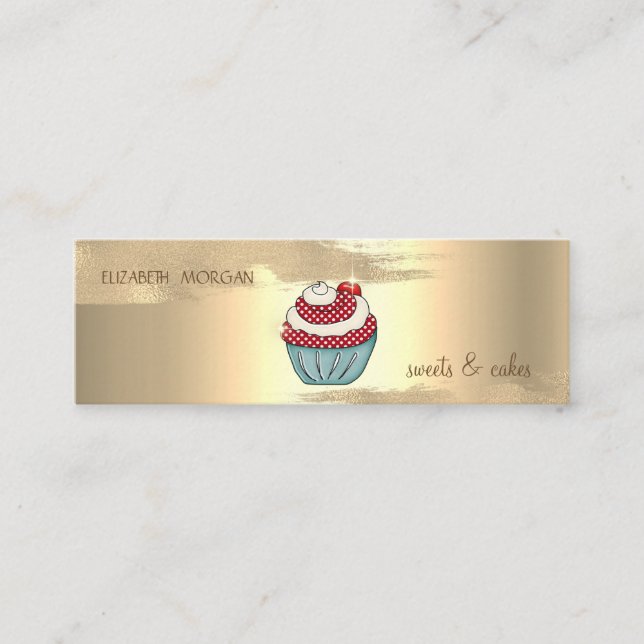 Elegant Gold Foil Brush Stroke Cupcake Cherry Mini Business Card (Front)