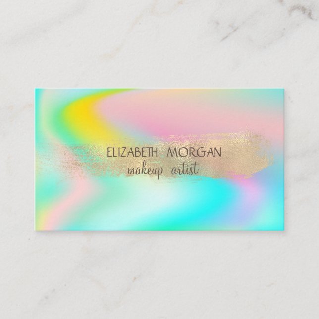 Elegant Gold Foil Brush Stroke,Holographic Ombre Business Card (Front)