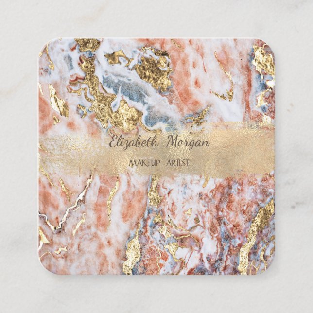 Elegant Gold Foil Brush Stroke,Ombre Marble Square Business Card (Front)