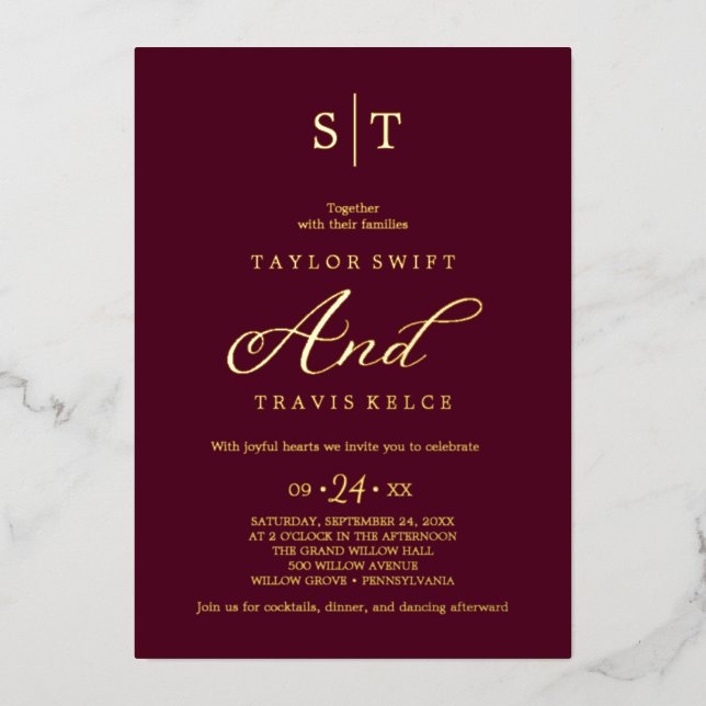 Elegant Gold Foil | Burgundy Monogram Wedding  (Front)