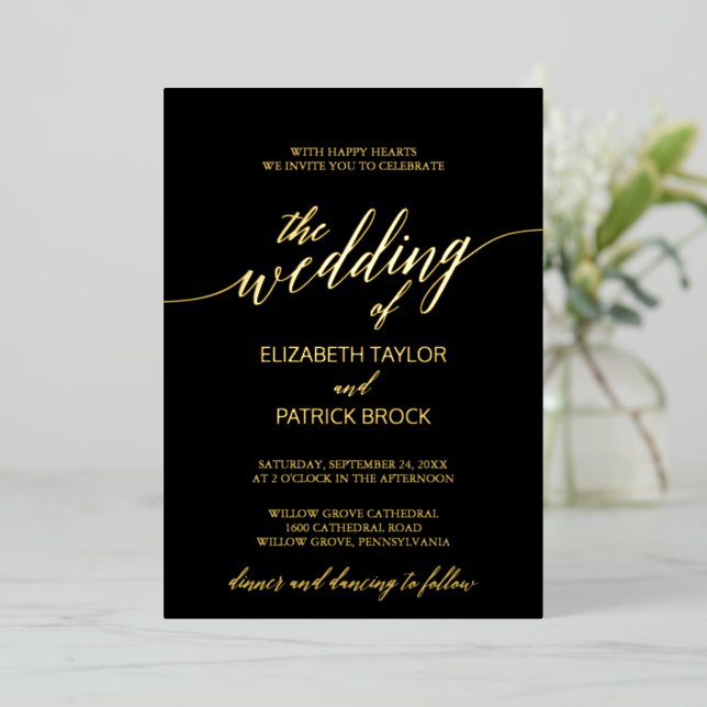 Elegant Gold Foil Calligraphy | Black Wedding (Standing Front)