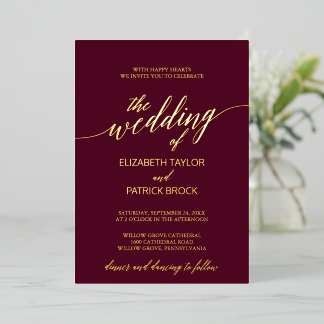 Elegant Gold Foil Calligraphy | Burgundy Wedding (Standing Front)