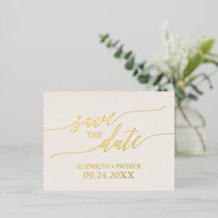 Elegant Gold Foil Calligraphy Ivory Save the Date Invitation Postcard