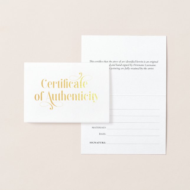 Elegant Gold Foil Certificate of Authenticity Foil Card (Display)