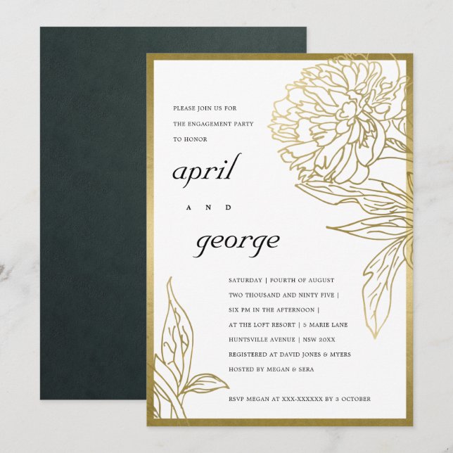 ELEGANT GOLD FOIL CLASSY  FLORAL ENGAGEMENT INVITE (Front/Back)