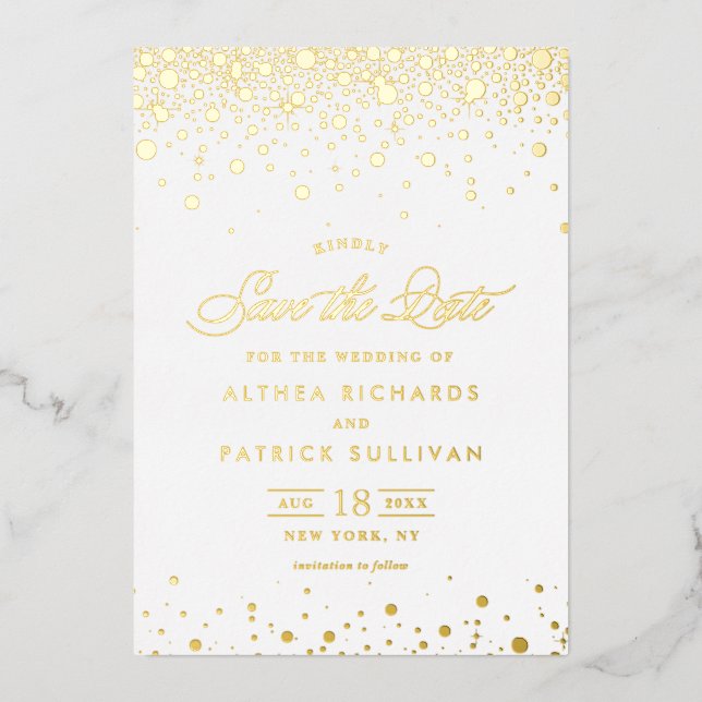 Elegant Gold Foil Confetti Dots Save the Date (Front)