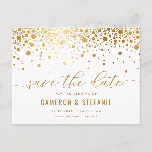 Elegant Gold Foil Confetti White Save the Date Postcard (Front)