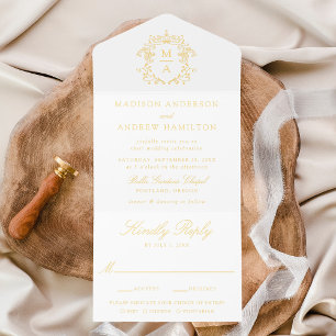 Elegant Gold Foil Crest Chinoiserie Wedding All In One Invitation