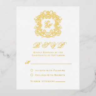 Elegant Gold Foil Crest Monogram Wedding RSVP Card