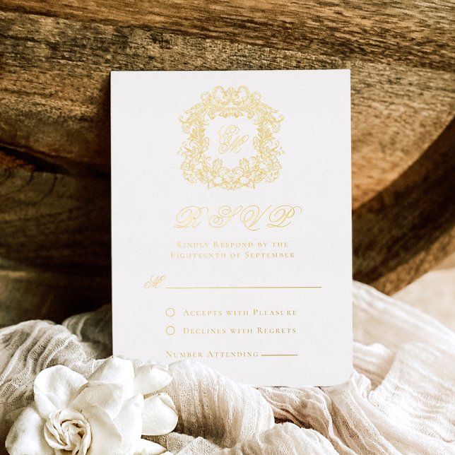 Elegant Gold Foil Crest Monogram Wedding RSVP Card (Creator Uploaded)