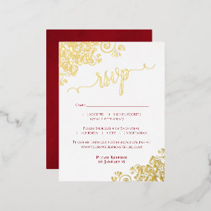 Elegant Gold Foil Crimson Red Wedding RSVP Card