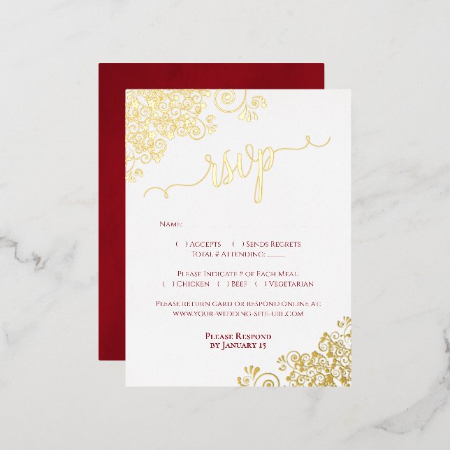 Elegant Gold Foil Crimson Red Wedding RSVP Card (Front/Back)