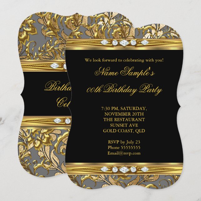 Elegant Gold Foil Damask Black Diamond Birthday 2 Invitation (Front/Back)