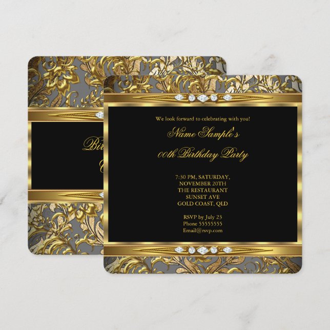 Elegant Gold Foil Damask Black Diamond Birthday 2 Invitation (Front/Back)