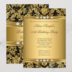 Elegant Gold Foil Damask Black Diamond Birthday Invitation