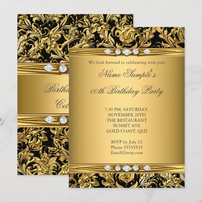 Elegant Gold Foil Damask Black Diamond Birthday Invitation (Front/Back)