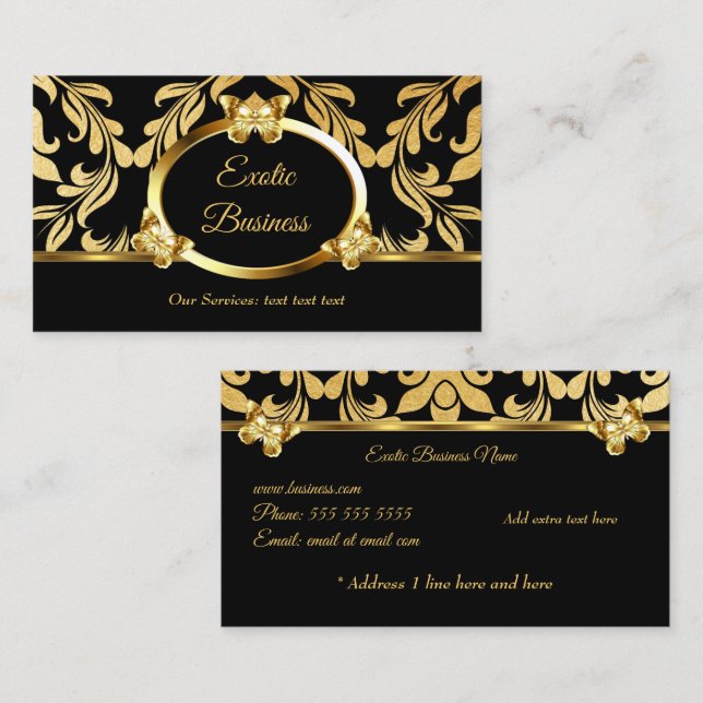 Elegant Gold Foil Damask Floral Butterflies Black Business Card (Front/Back)